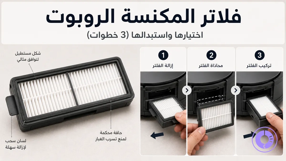 فلتر Roomba بديل موضح حسب الشكل مع خطوات الإزالة والتركيب