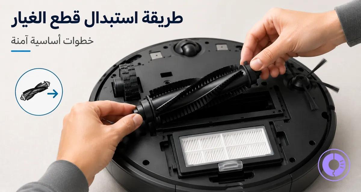 أيدٍ تقوم باستبدال قطع غيار Roomba الشائعة أثناء صيانة أساسية