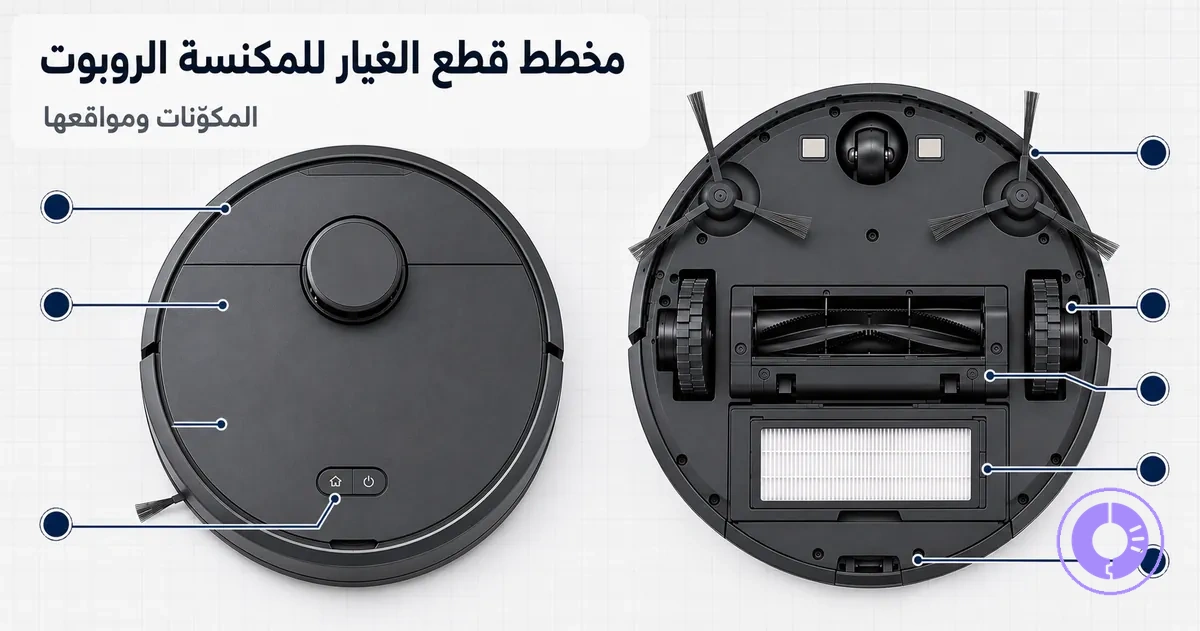 مخطط يوضح قطع غيار Roomba الشائعة ومكان تركيب كل مكوّن