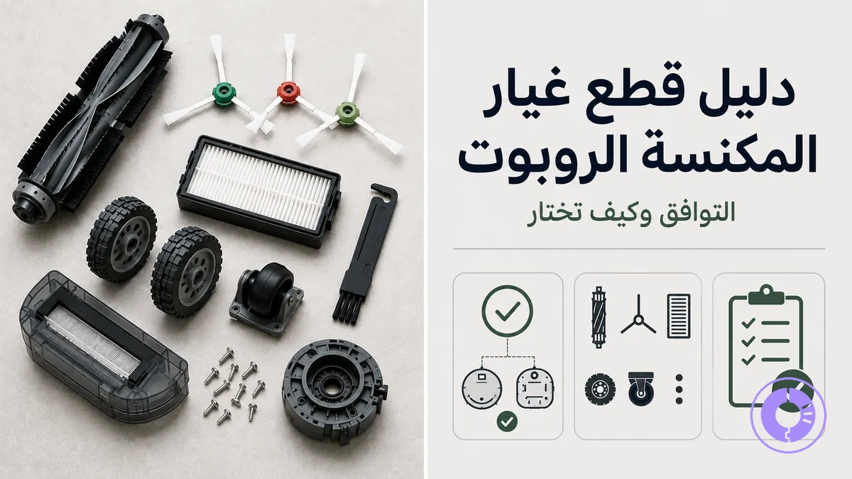 مجموعة من قطع غيار Roomba معروضة معًا للتعرّف عليها واختيار المناسب