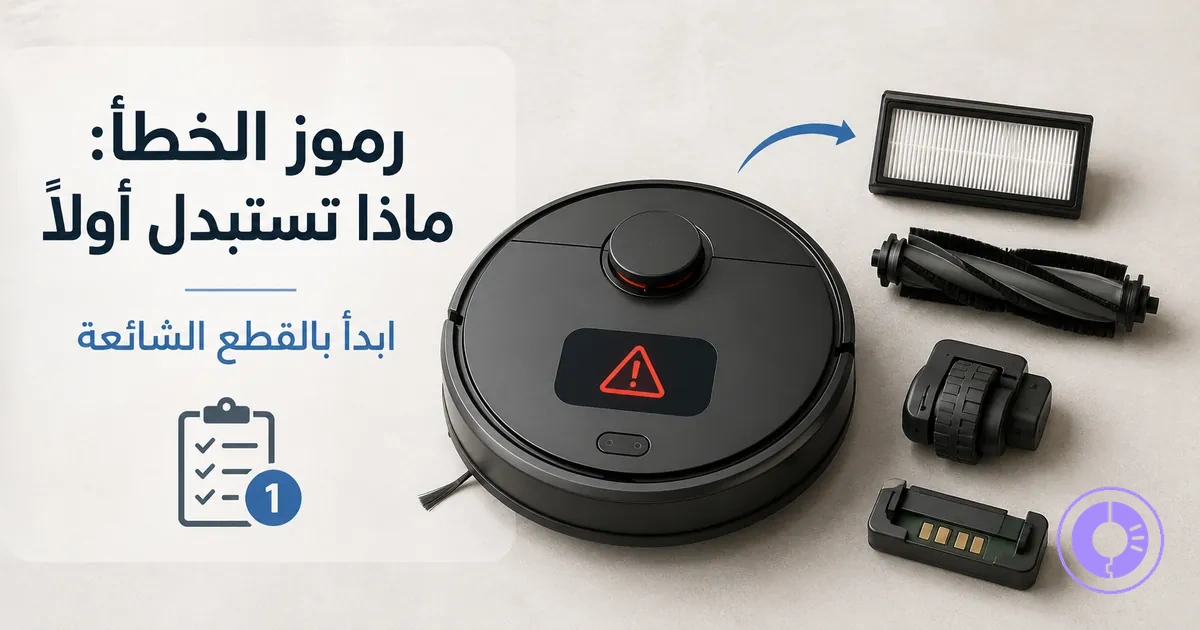 شاشة خطأ Roomba مع قطع بديلة شائعة تُستخدم لحل رموز الأعطال