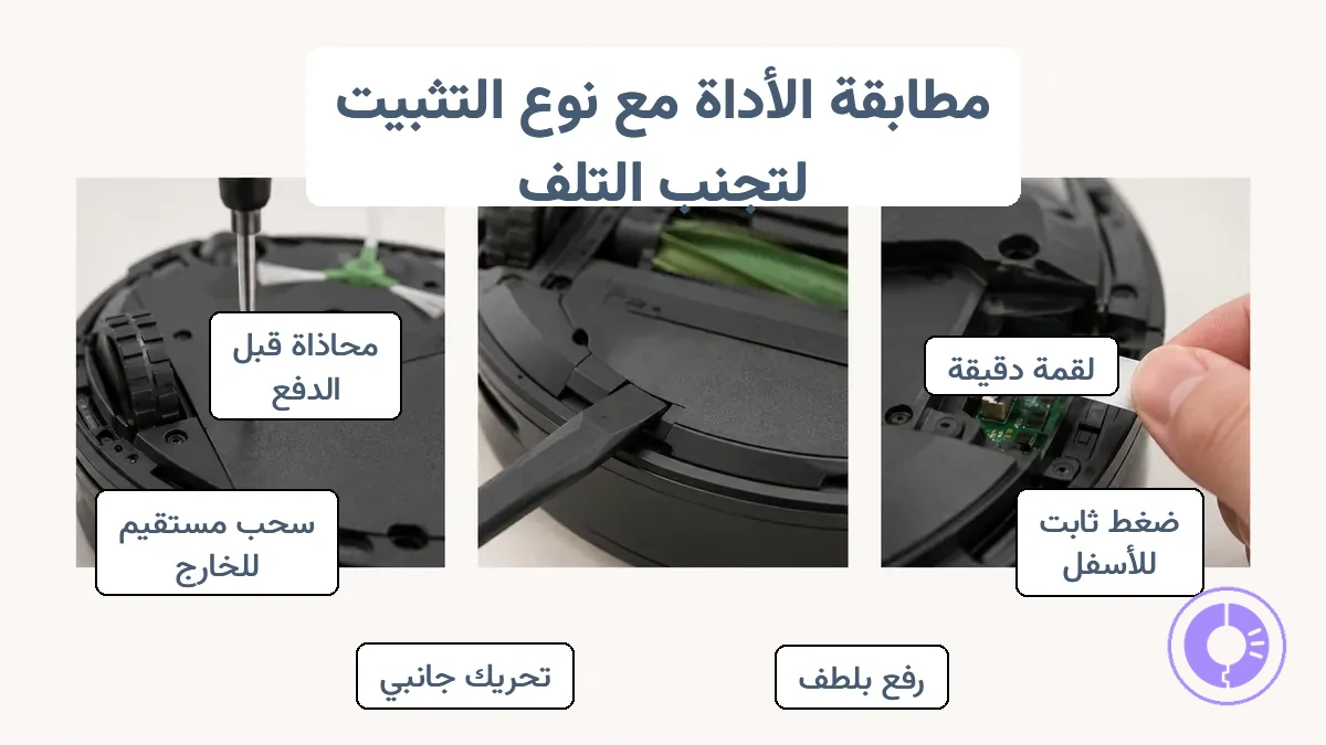 صورة موضحة تعرض أمثلة على مثبتات Roomba ومشابكها وموصلاتها لمنع التجريد أو الكسر