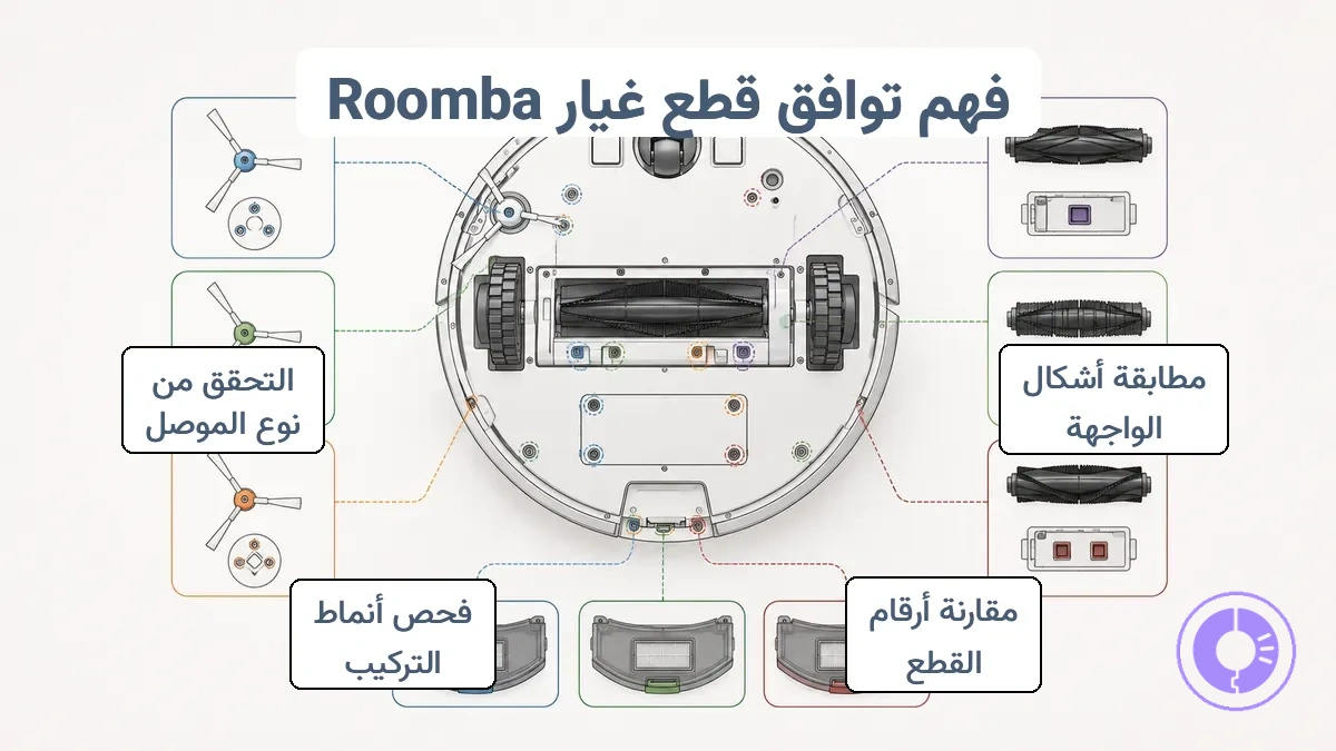 رسم بياني لتوافق قطع غيار Roomba يوضح نقاط التثبيت وأنواع الموصلات الخاصة بكل سلسلة