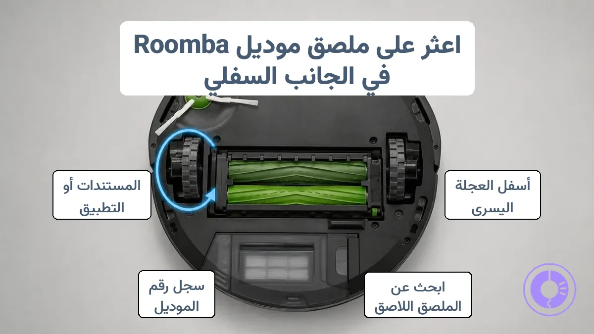 الجانب السفلي لـ Roomba يظهر ملصق الموديل بالقرب من العجلة اليسرى مع توجيه يشير إلى منطقة الملصق.