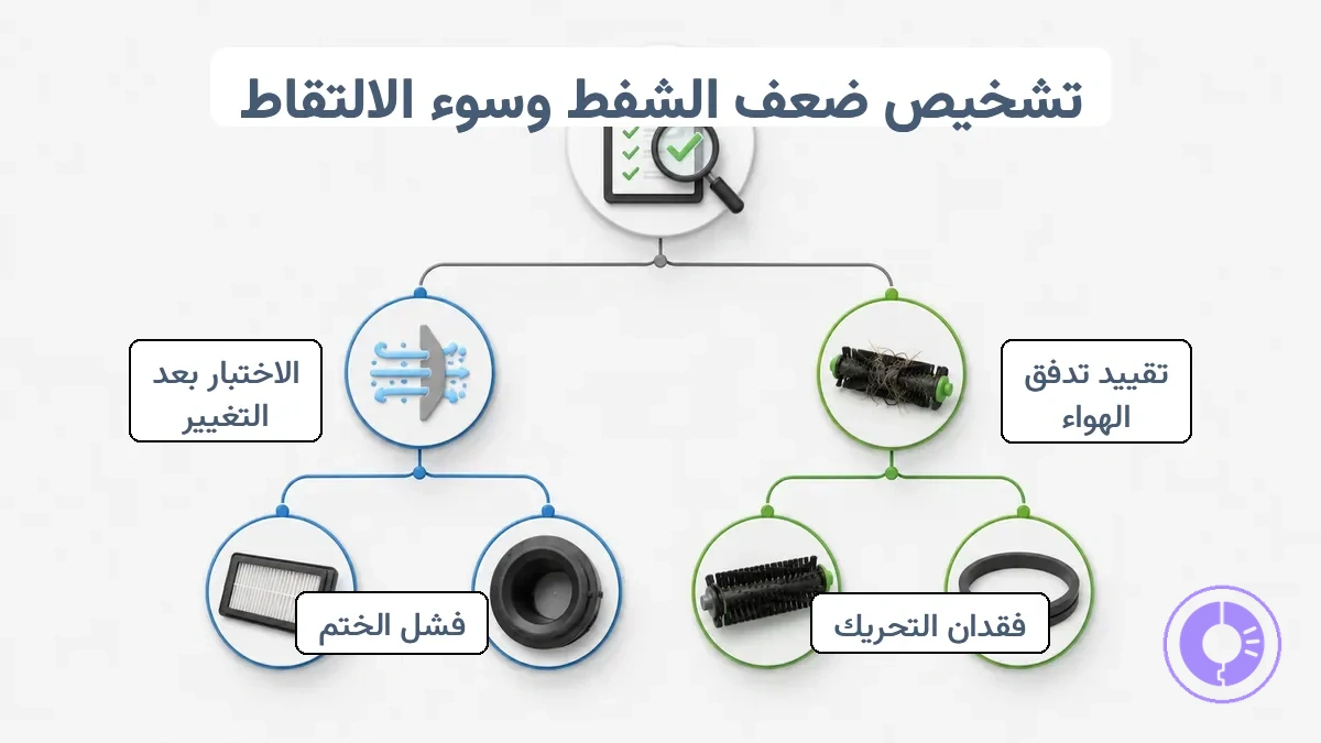 مخطط تدفق تشخيصي يظهر أعراض ضعف الشفط وسوء الالتقاط تتفرع إلى سمات تدفق الهواء أو التحريك وتؤدي إلى مجموعات قطع الفلتر أو الأسطوانة أو السداد مع تلميح للفحص أولاً.