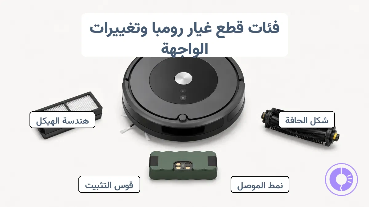 فئات قطع غيار Roomba توضح واجهات الفلتر والفرشاة والبطارية المختلفة
