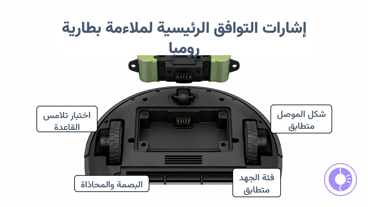 محاذاة الموصل والحجرة للتحقق من ملاءمة حزمة بطارية Roomba