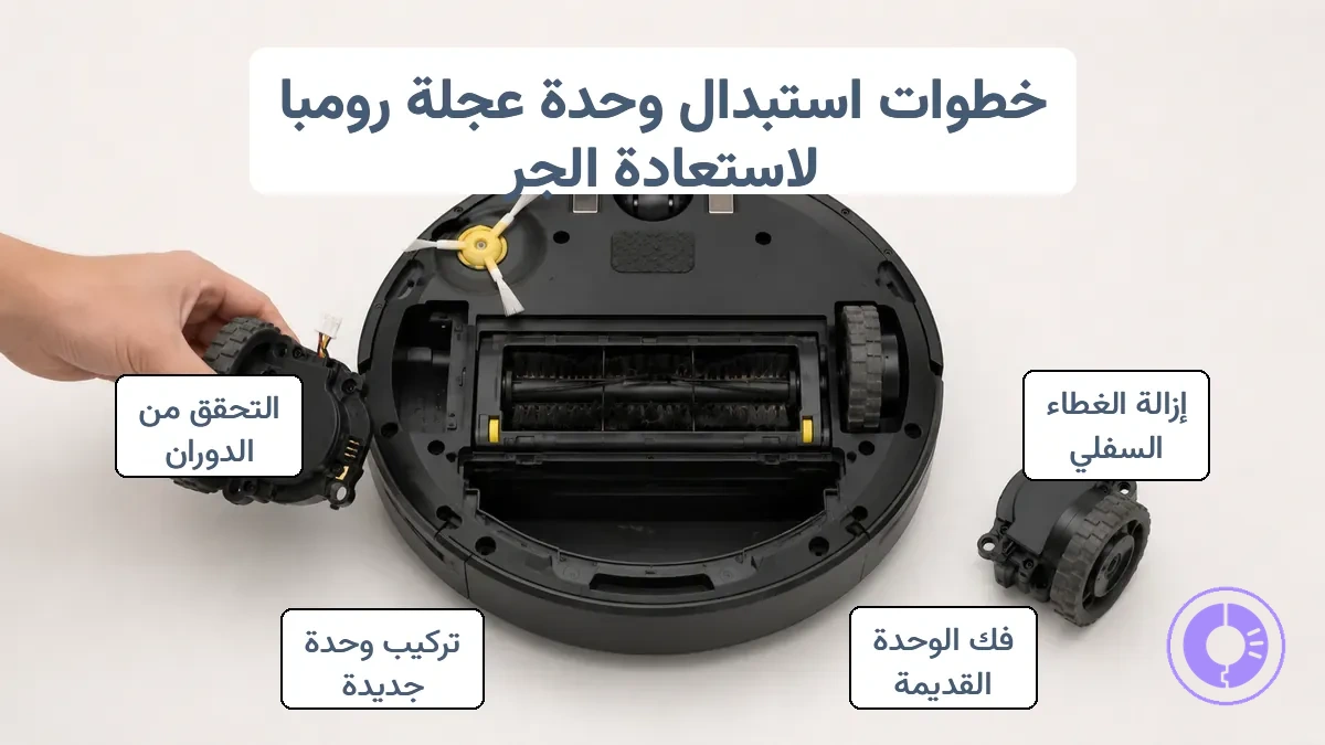 الجزء السفلي من Roomba يظهر مبيت وحدة العجلة ونقاط الوصول