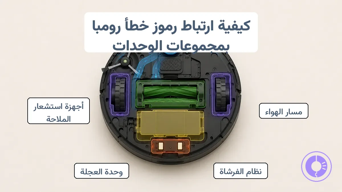 رسم تخطيطي مشروح لـ Roomba يوضح الوحدات القابلة للاستبدال المرتبطة بإشارات الخطأ الشائعة.