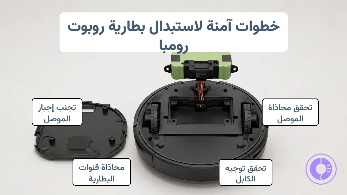 حزمة بطارية Roomba مع موصل ومحاذاة الحجرة ظاهرة للإزالة والتركيب الآمنين