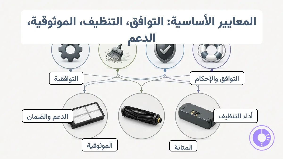 رسم بياني يربط الملاءمة وأداء التنظيف والمتانة والموثوقية والدعم بفئات المرشحات والفرش أو البكرات والبطاريات