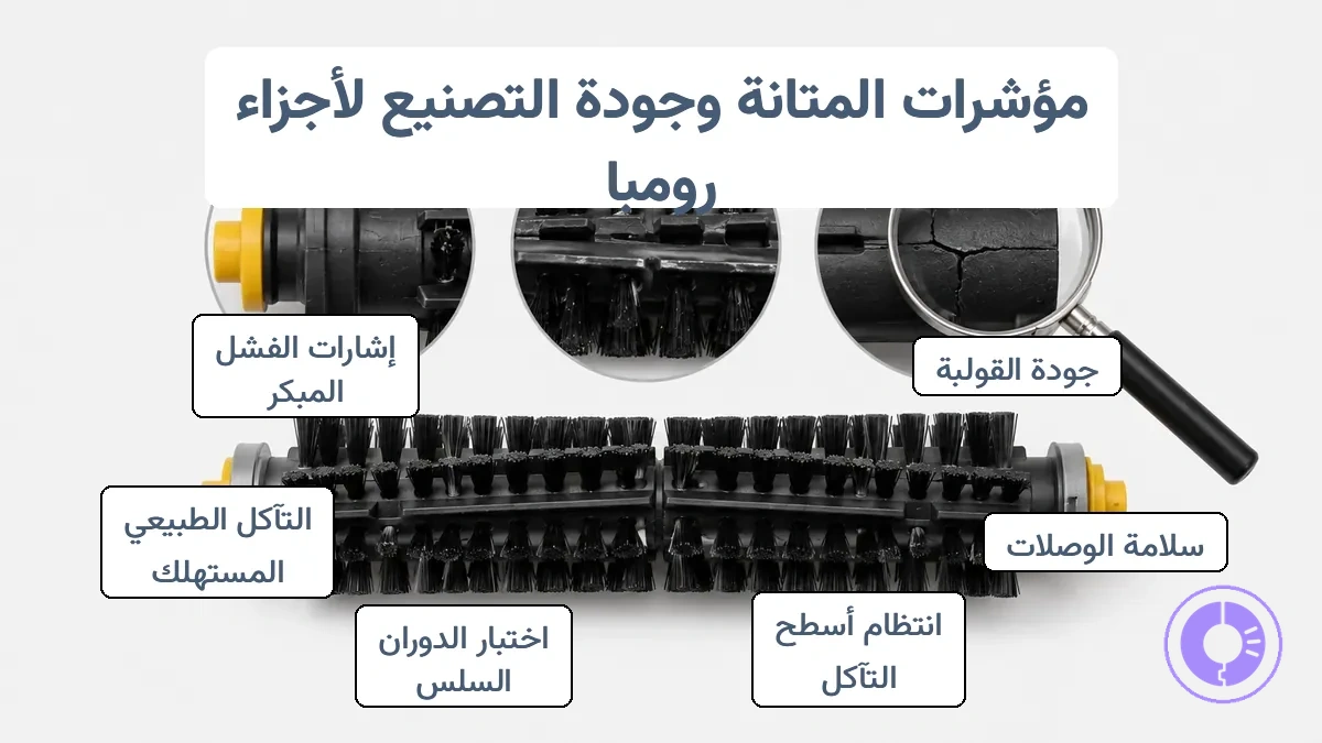 صورة مقربة مشروحة تظهر اتساق القولبة وسلامة اللحام ومؤشرات سطح التآكل لمتانة قطعة غيار Roomba.
