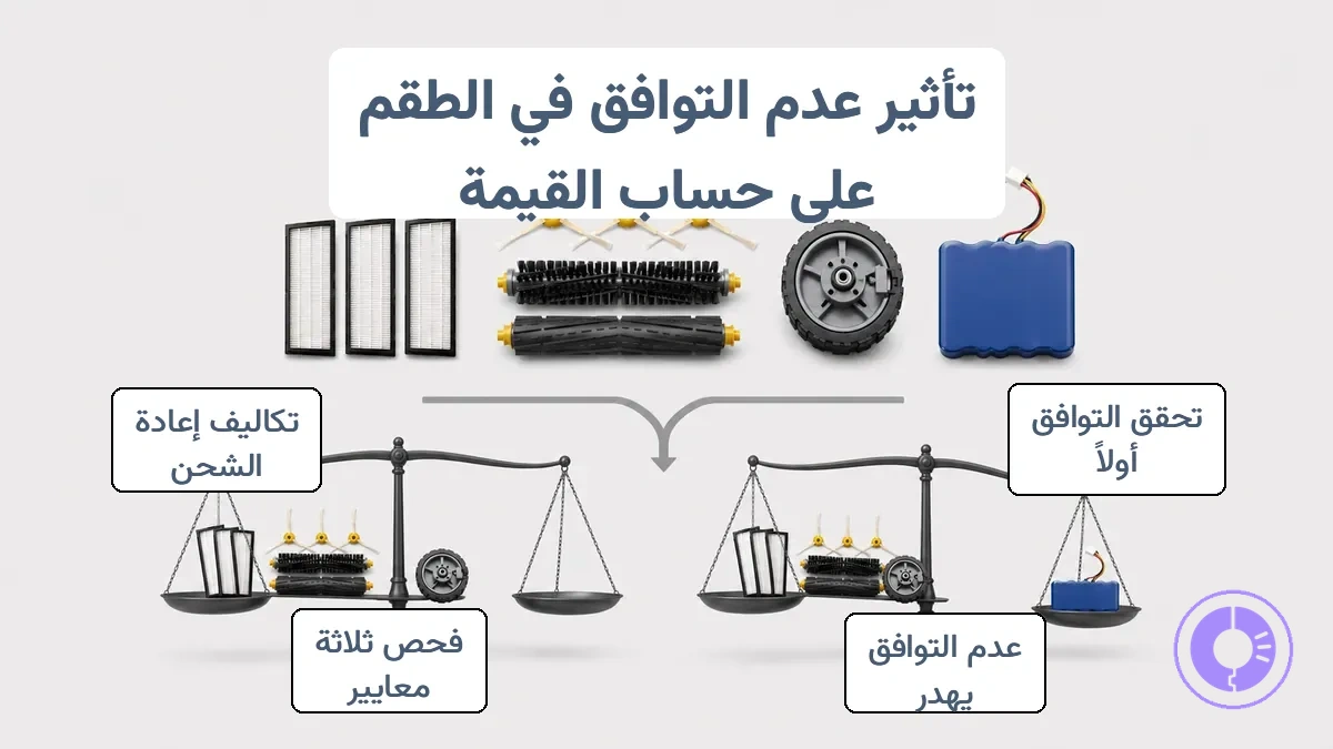رسم بياني يوضح كيف يمكن لمخاطر التوافق في مجموعة قطع غيار Roomba أن تحول التوفير إلى هدر عندما لا يتوافق إصدار القطعة مع الطراز.