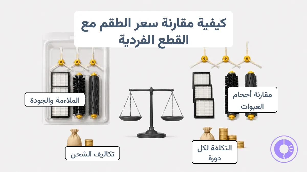 رسم بياني يوضح كيفية مقارنة سعر مجموعة قطع غيار Roomba بسعر القطع الفردية باستخدام حجم العبوة والتكلفة لكل دورة استبدال.