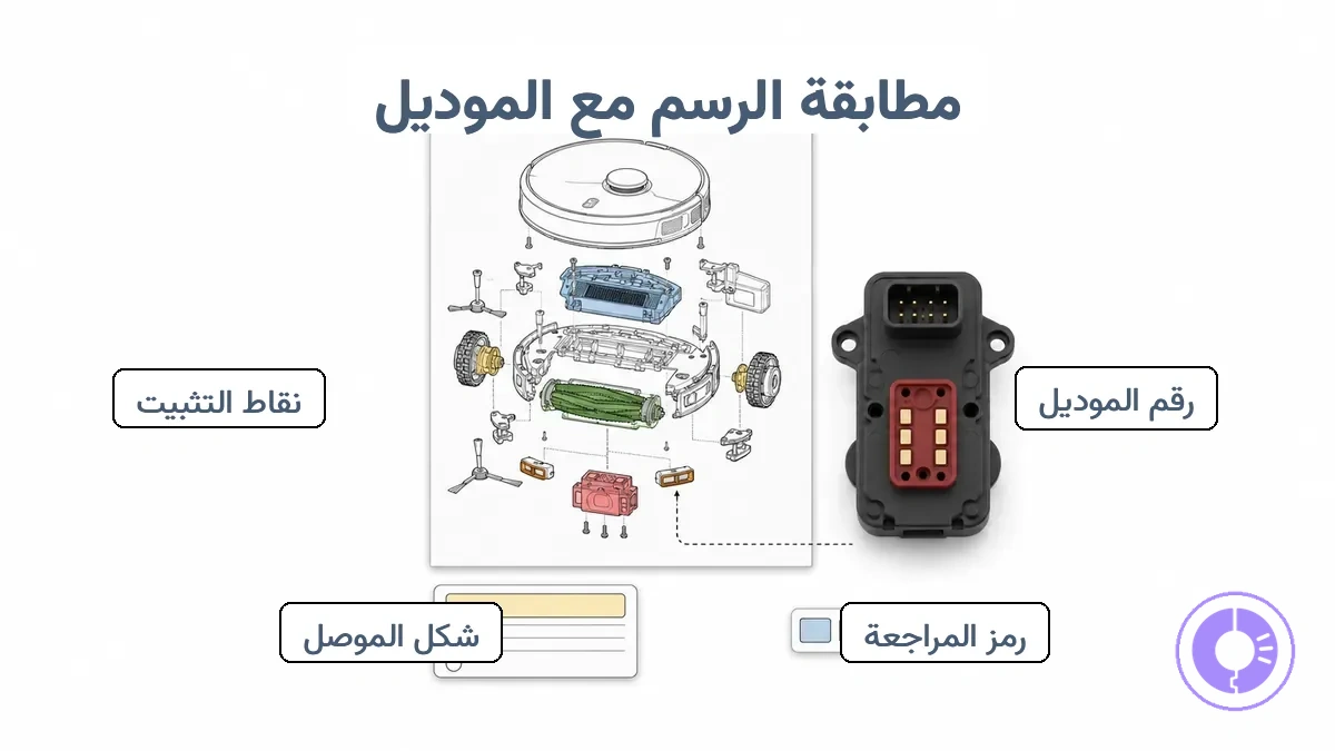 منطقة تسمية Roomba ومؤشرات شكل الموصل المشروحة المستخدمة لمطابقة مخطط القطع بالطراز والإصدار الصحيحين؛ يختلف الإصدار حسب دفعة الإنتاج.