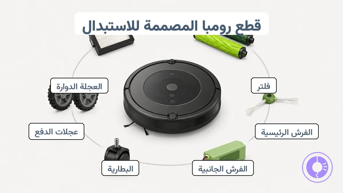 رسم يوضح قطع غيار Roomba الشائعة بما في ذلك المرشح والفرش والفرش الجانبية والعجلات والبطارية مع تسميات لكل موقع