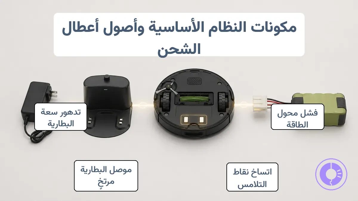 مكونات نظام شحن Roomba المشروحة: القاعدة وملامسات الشحن وتوصيلة البطارية.