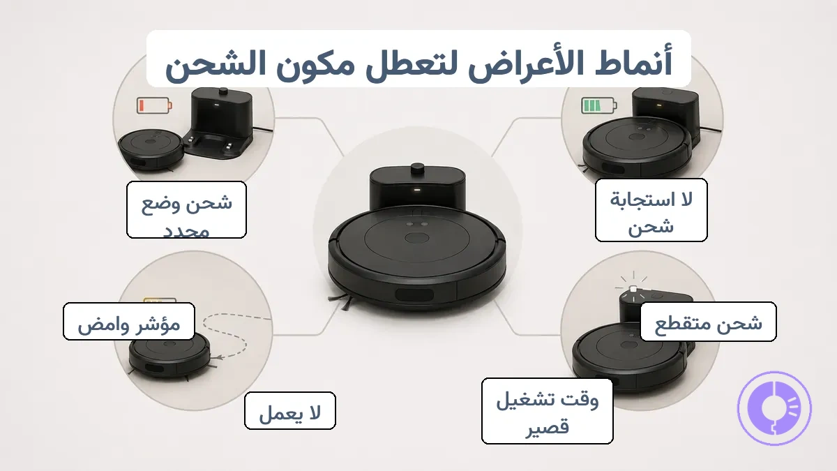 رسم بياني يربط أعراض شحن Roomba بمكونات الشحن المحتمل تلفها.