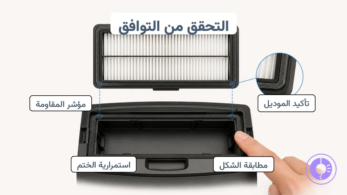 رسم بياني يوضح تطابق شكل فلتر Roomba ونقاط التلامس ومحاذاة الإحكام في الحاوية.