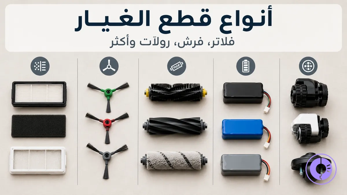 أنواع مختلفة من قطع غيار Roomba مرتبة لإظهار الفروقات بين الفئات