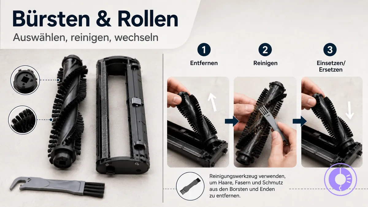 Roomba Rollenbürste und Bürsteneinheit mit Reinigungs- und Wechsel-Schritten