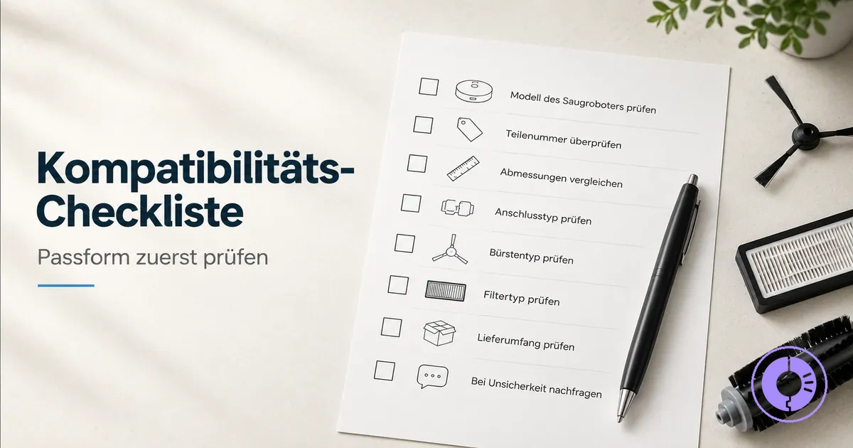 Checklisten-Ansicht zum Prüfen der Roomba Ersatzteil-Kompatibilität vor der Bestellung