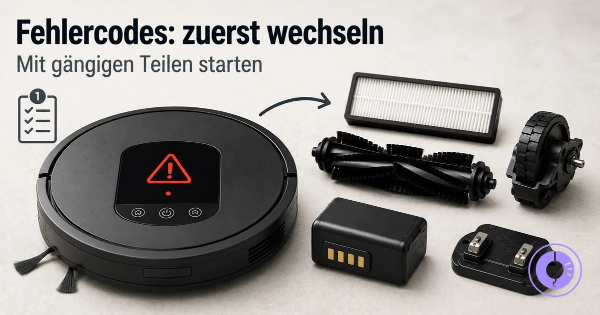 Roomba Fehleranzeige mit typischen Ersatzteilen zur Behebung von Fehlercodes