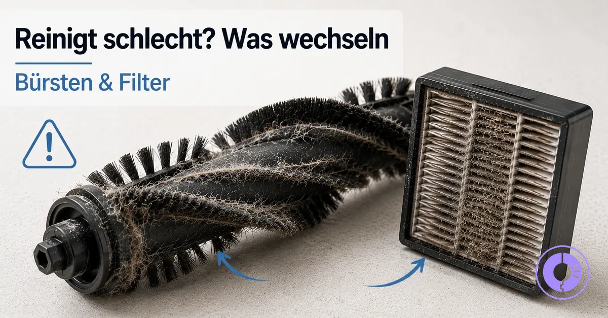 Abgenutzte Roomba Bürsten und Filter als typische Ersatzteile bei nachlassender Reinigungsleistung