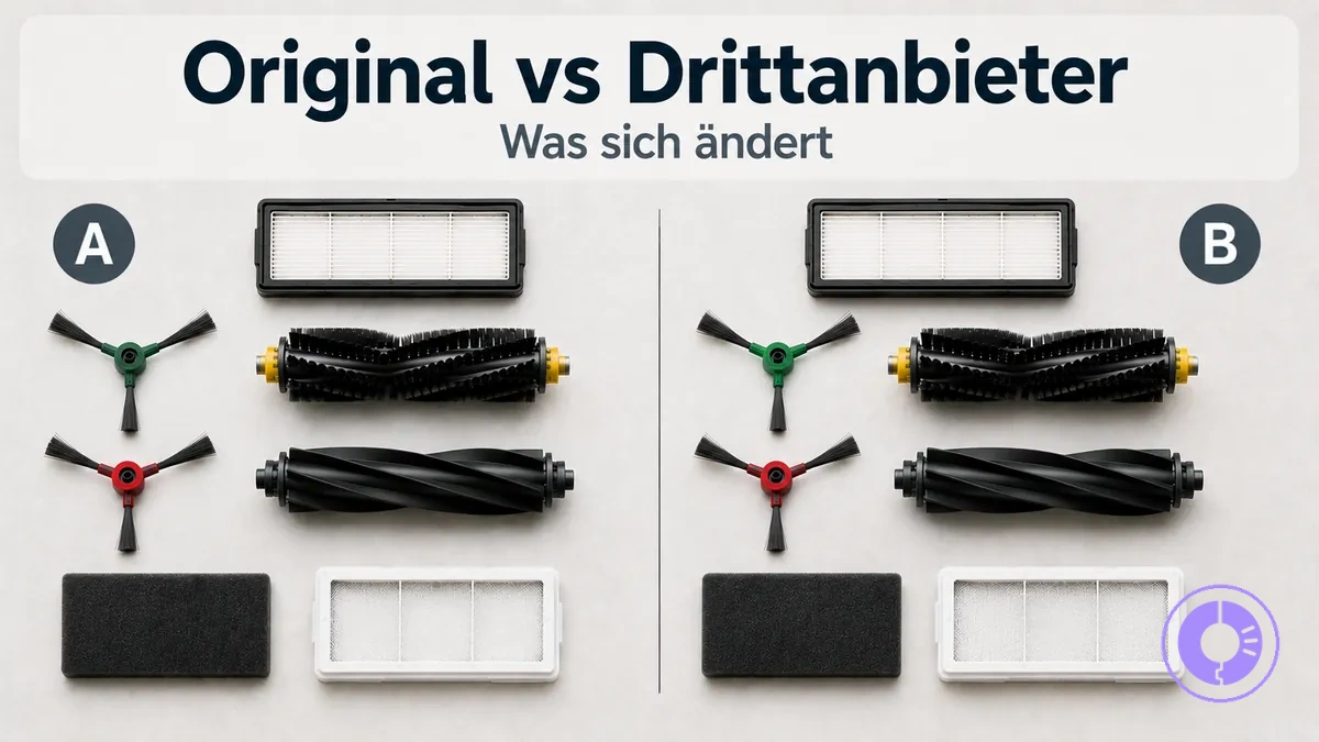 Zwei Roomba Ersatzteil-Sets nebeneinander: Originalteile vs. Drittanbieter
