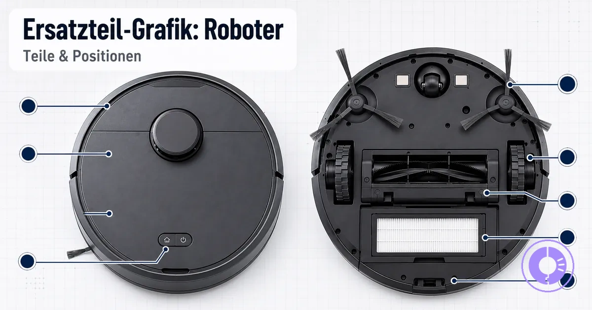 Grafik der Roomba Ersatzteile mit typischen Komponenten und ihrer Position