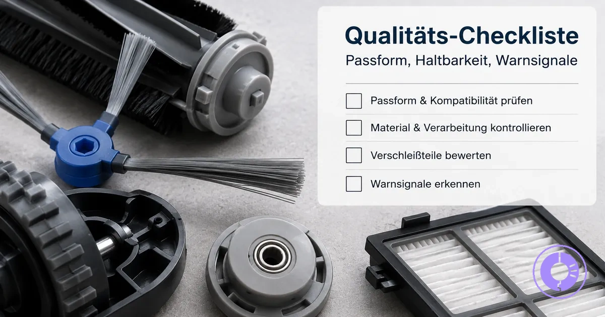 Nahaufnahme von Roomba Ersatzteilen mit Hinweisen auf Passform und Verarbeitung