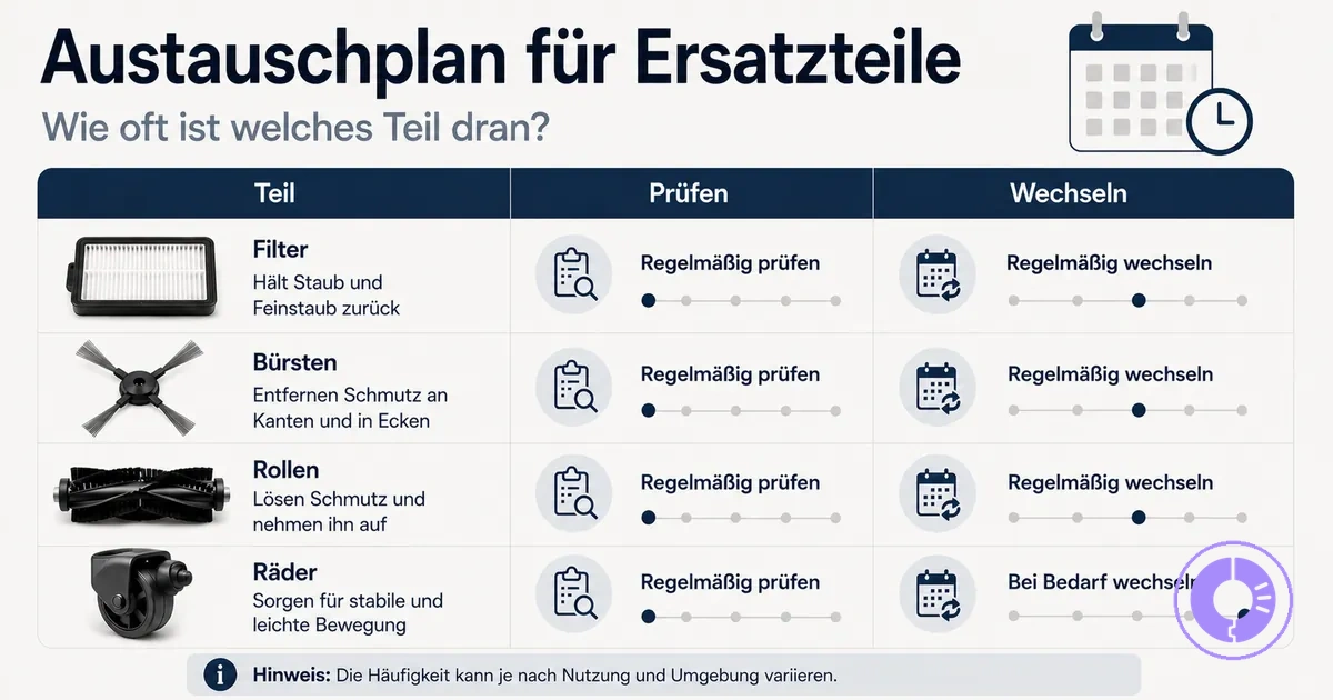 Austauschplan für gängige Roomba Ersatzteile wie Filter und Bürsten
