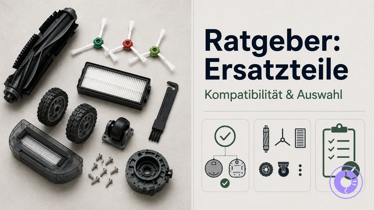 Verschiedene Roomba Ersatzteile zusammen gezeigt, zum Erkennen und Auswählen