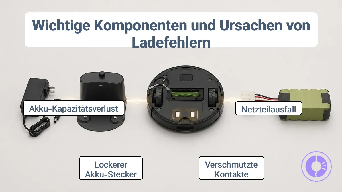 Beschriftete Komponenten des Roomba-Ladesystems: Ladestation, Kontakte und Akkuanschluss.