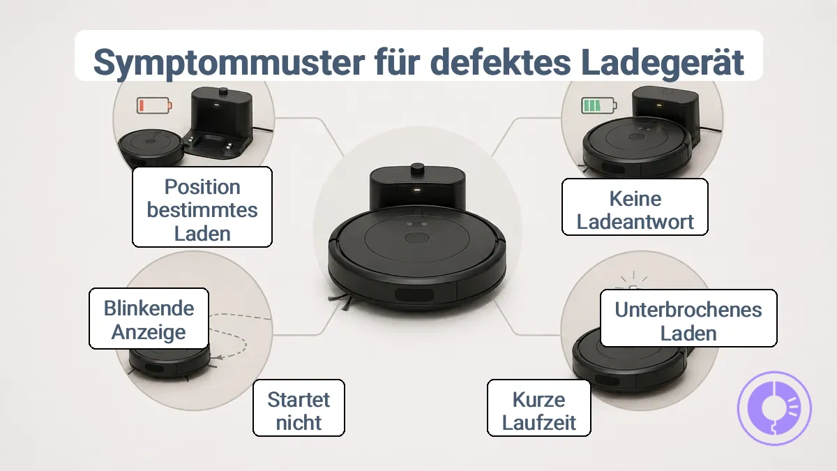 Diagramm, das Roomba-Ladesymptome den wahrscheinlichsten defekten Ladekomponenten zuordnet.