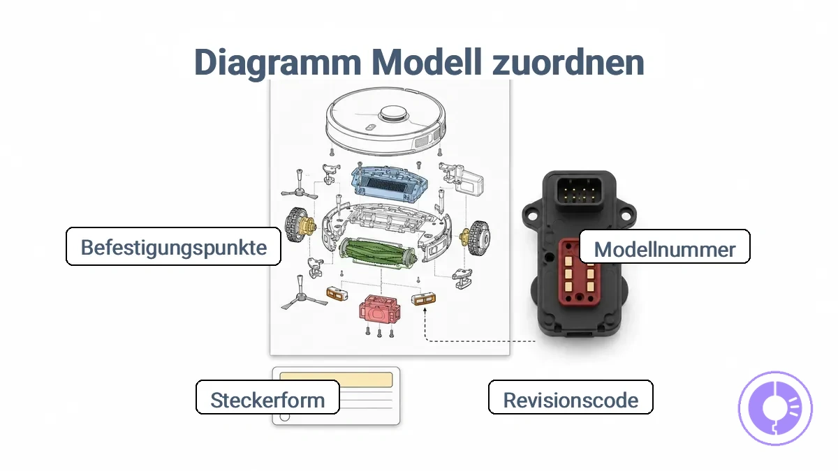 Beschrifteter Bereich der Roomba-Kennzeichnung und Hinweise zur Steckerform, die zum Abgleich eines Teile-Diagramms mit dem korrekten Modell und der Revision verwendet werden; die Revision variiert je nach Produktionscharge.