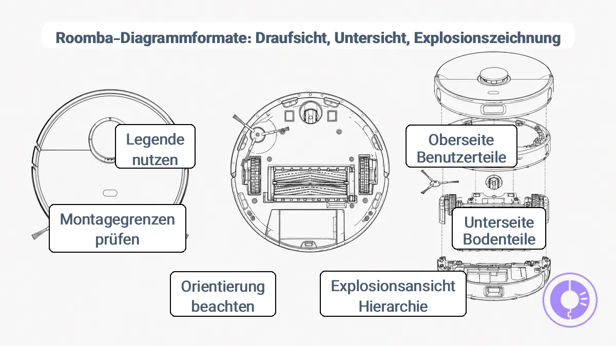Vergleich der Roomba-Diagrammformate: Draufsicht, Unteransicht und Explosionszeichnung.