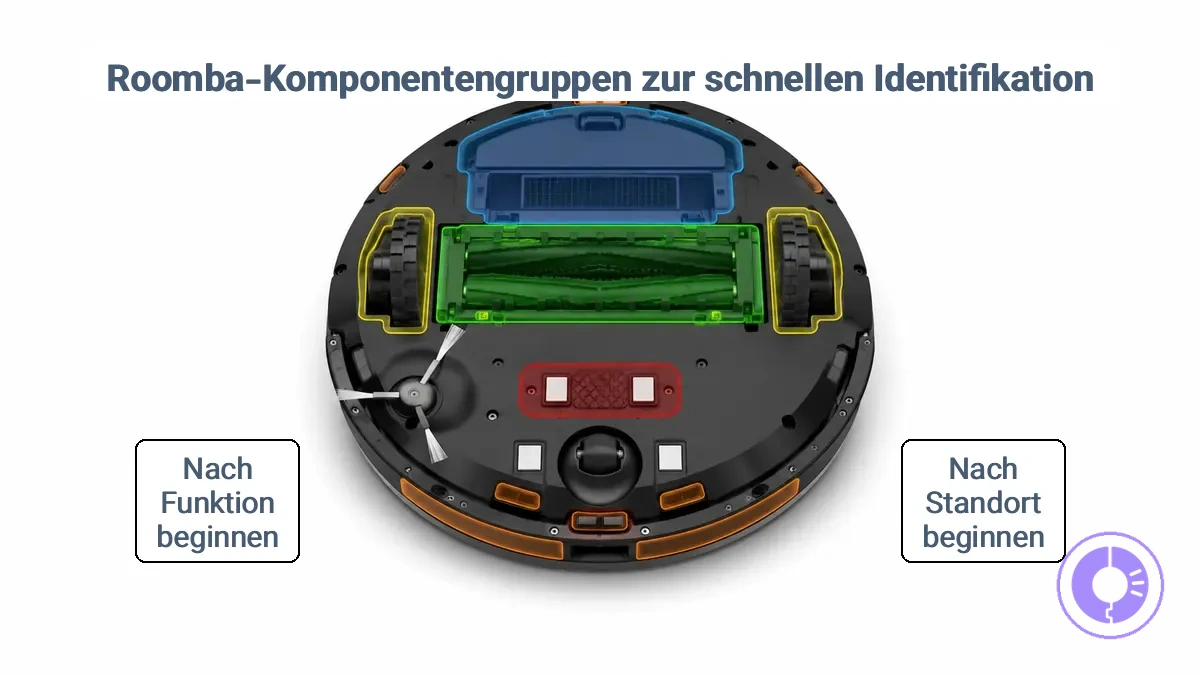 Funktionale Bauteilgruppen eines Roomba-Roboters zur schnellen Teileidentifizierung