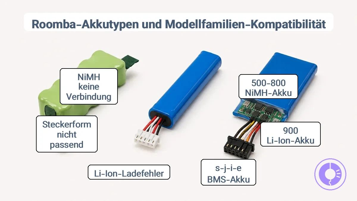 Roomba-Akkuanschluss und Akkufach mit Hinweisen zur Passform