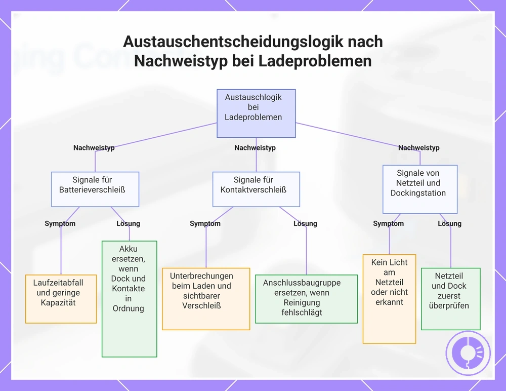 Austauschentscheidungslogik nach Nachweistyp bei Ladeproblemen