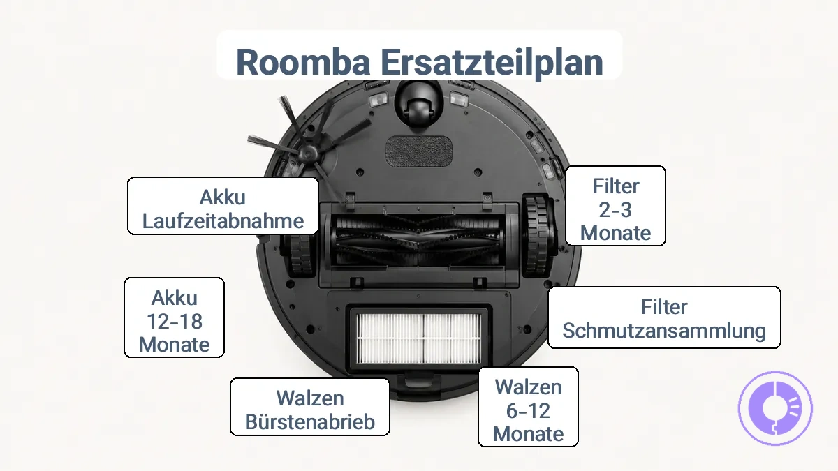 Beschriftete Roomba-Teile aus einem Austauschplan (Filter, Rollen, Seitenbürste, Räder/Lenkkugel).