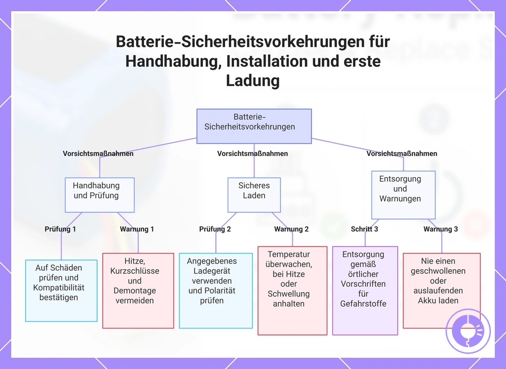 Batterie-Sicherheitsvorkehrungen für Handhabung, Installation und erste Ladung