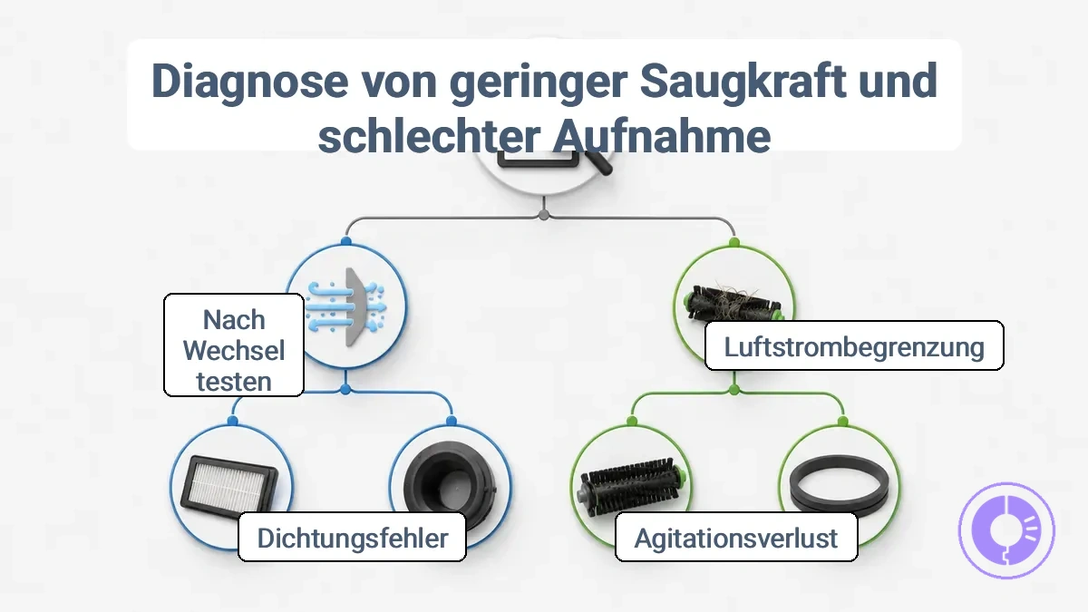 Diagnose-Flussdiagramm, das Symptome geringer Saugleistung und schwacher Aufnahme zeigt, die sich in Luftstrom- oder Bewegungsmerkmale verzweigen und zu den Bauteilgruppen Filter, Walze oder Dichtung führen, mit einem Hinweis zur Erstprüfung.
