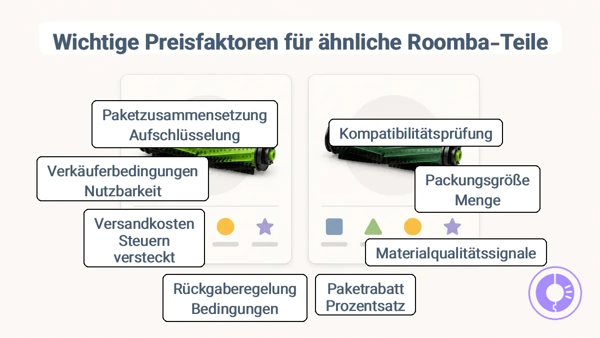 Beschriftetes Beispiel mit den wichtigsten Angebotsfeldern für Kosten-Nutzen-Vergleiche bei Roomba-Teilen.