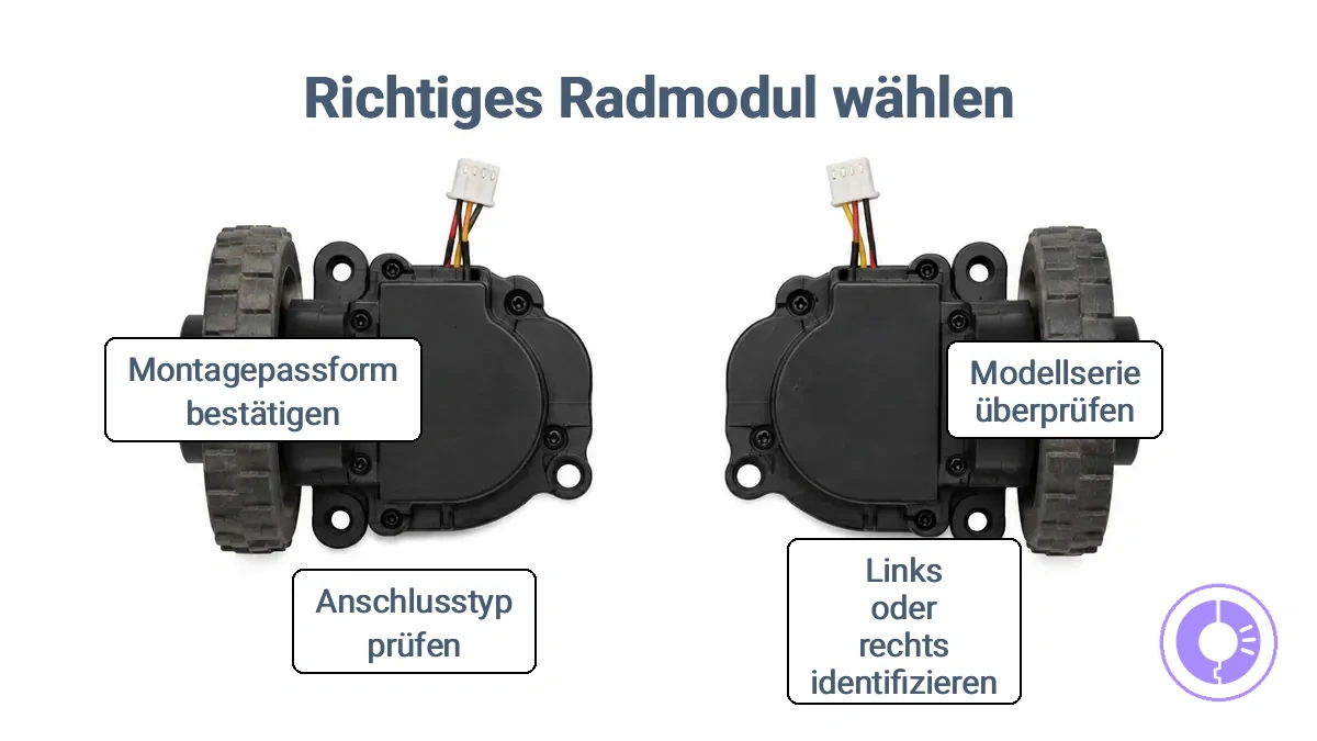 Ausrichtung des linken und rechten Radmoduls und Steckerplatzierung für Roomba-Roboter.