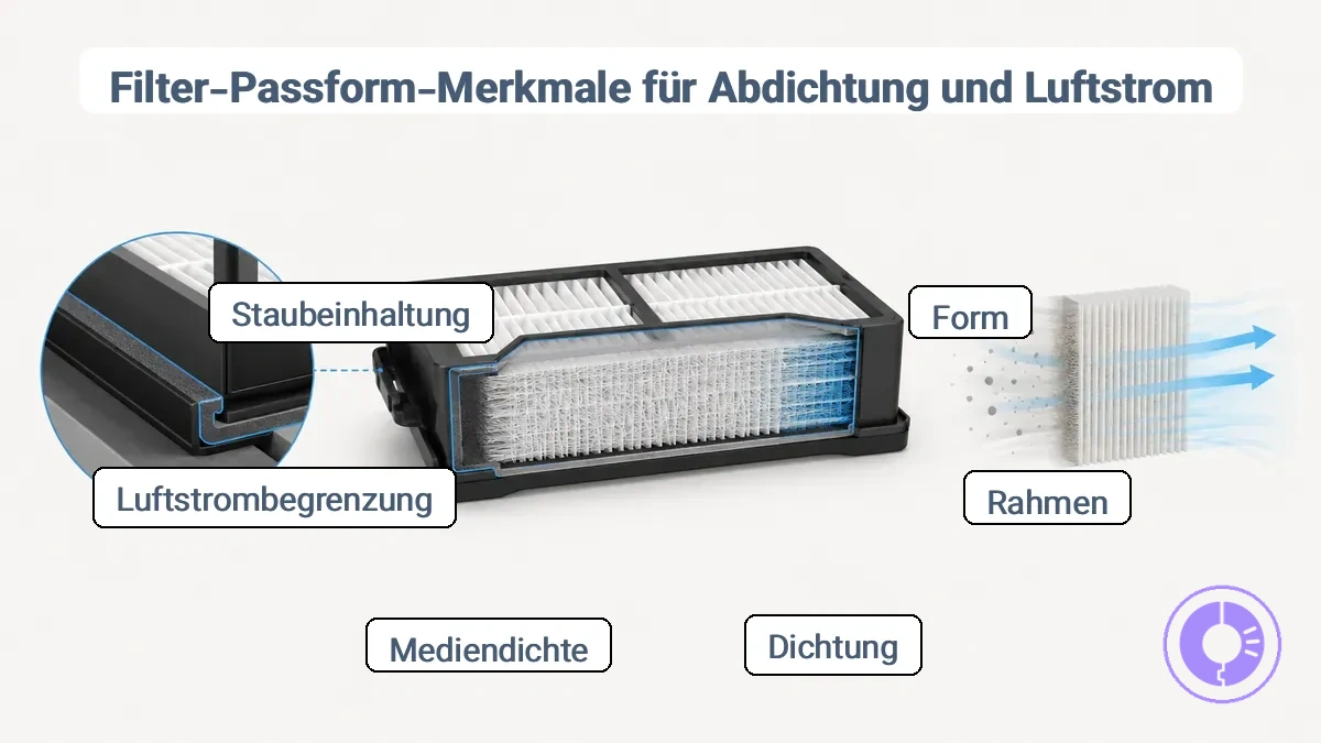 Roomba Filter mit Rahmen und Dichtungsgeometrie