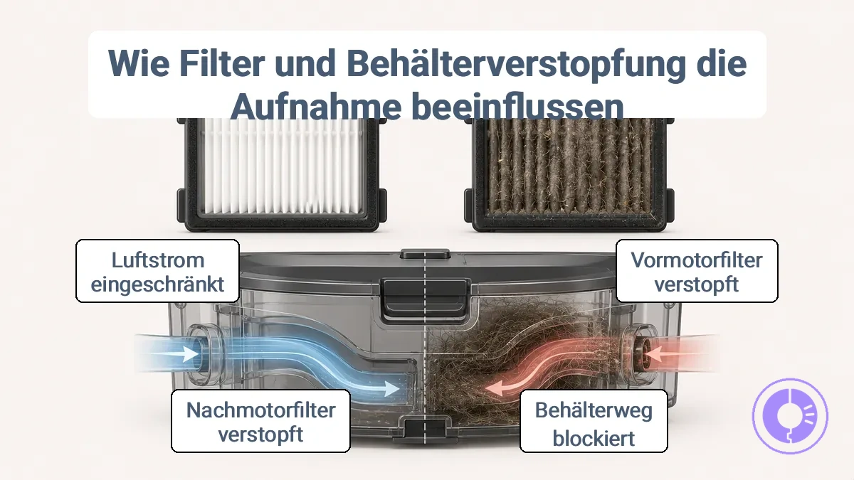 Sauberer versus verstopfter Staubsaugerfilter mit Darstellung der Luftstrombehinderung