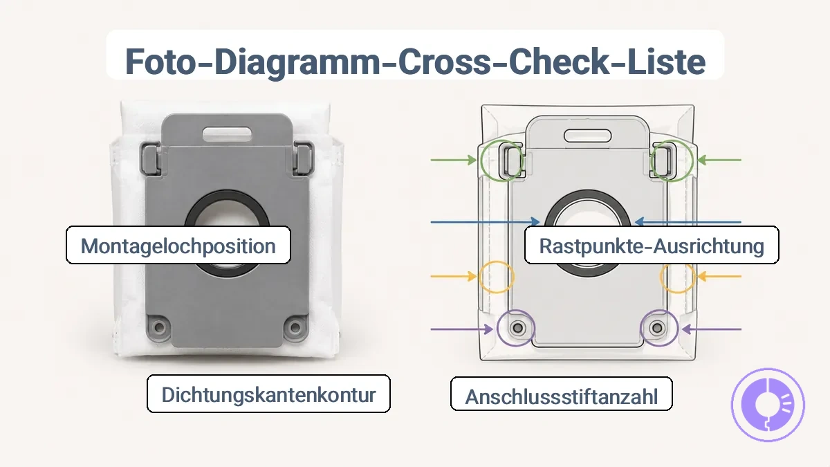 Seitenvergleich eines Ersatzteilfotos mit einem Diagramm, das Verriegelungs-, Stecker- und Dichtungskanten-Prüfpunkte zeigt