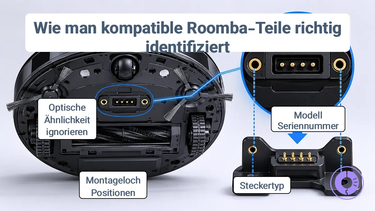 Position des Roomba-Modell-/Serienlabels und wichtige Passungspunkte zum Vergleich für die Ersatzteilkompatibilität