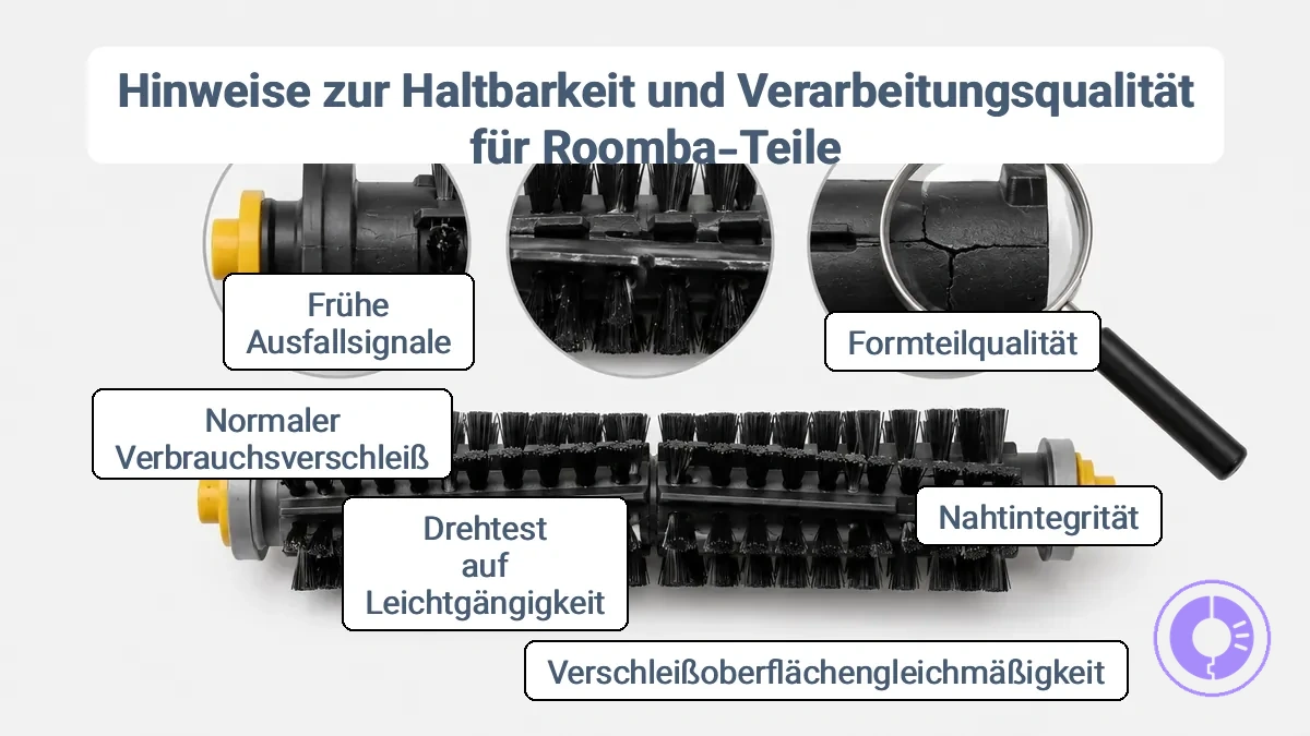 Beschriftete Nahaufnahme mit Darstellung von Formteilbeständigkeit, Nahtintegrität und Verschleißflächenhinweisen zur Haltbarkeit von Roomba Ersatzteilen.